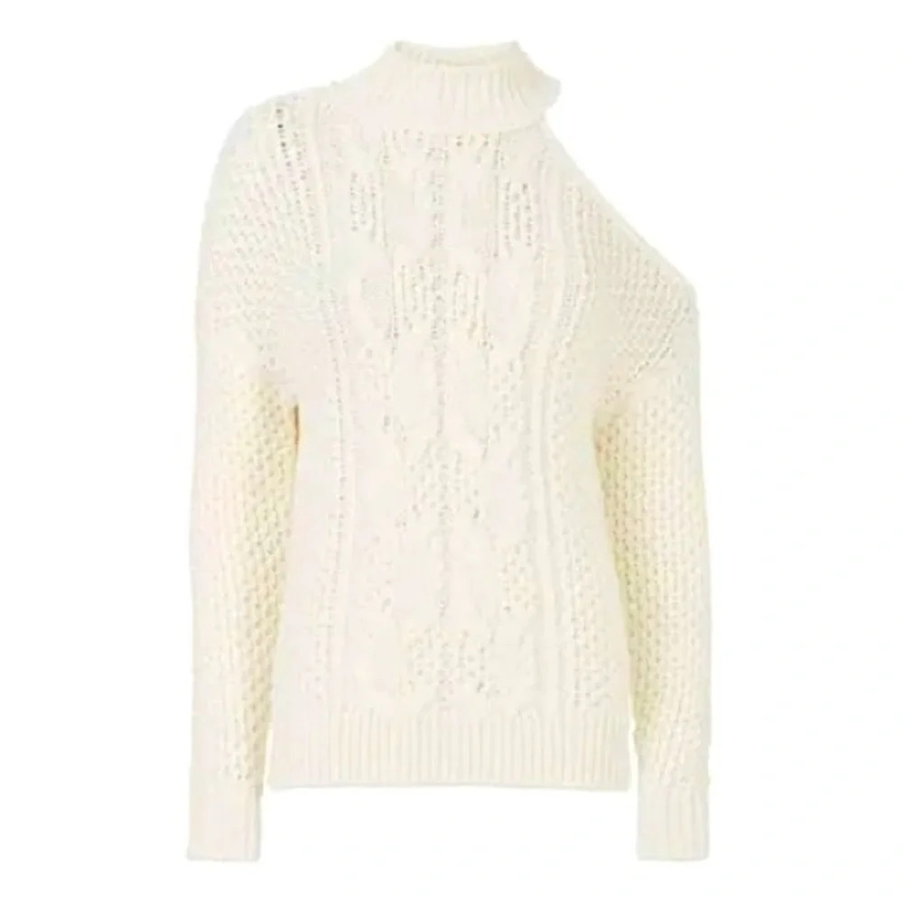 Intermix Britta Ivory Cold Shoulder Cableknit Wool Sweater Size Petite MSRP$298